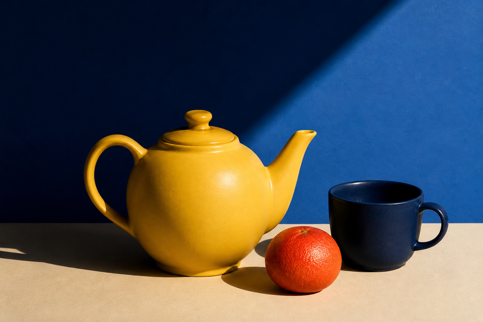 A yellow teapot, orange, and navy cup in hard sunlight